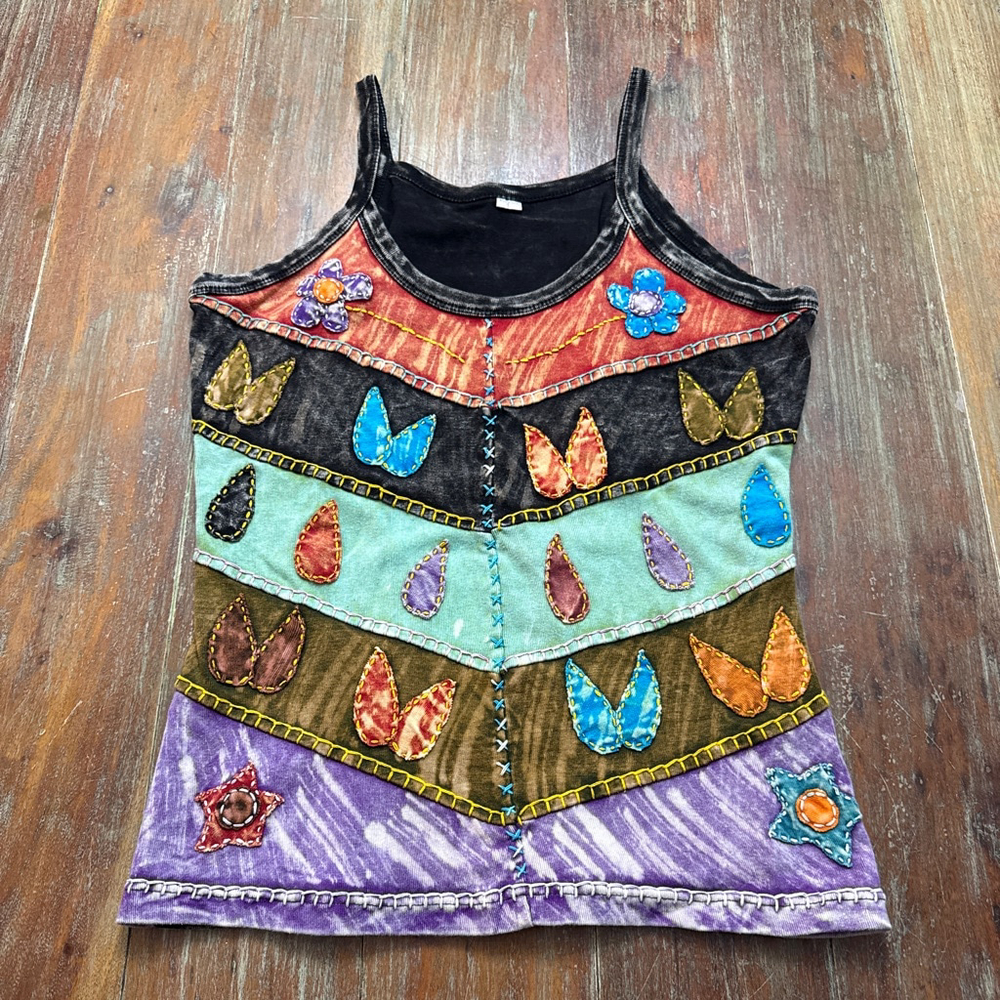 Boho Multicolor Patchwork Tank Top Large Leaf Flo… - image 1